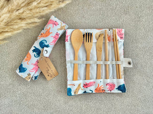 Colourful Cat Eco Bamboo Cutlery Set - Camping Cutlery - Bamboo Straw
