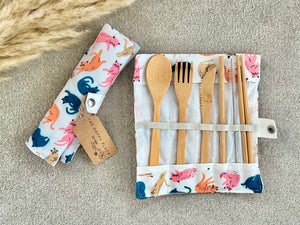 Colourful Cat Eco Bamboo Cutlery Set - Camping Cutlery - Bamboo Straw