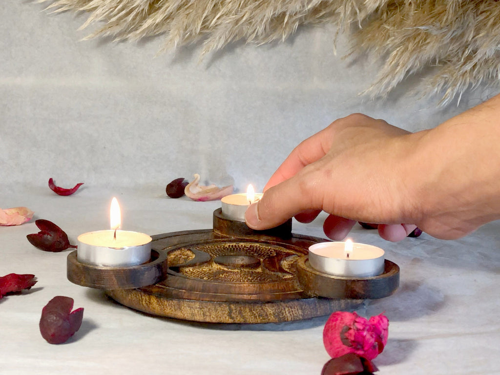Wooden Candle Holder - Round Wooden Triple Moon Multi Tealight Holder