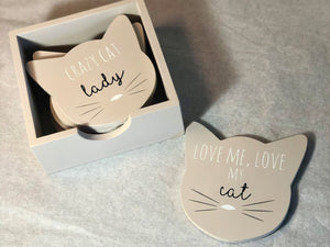 Cat Coasters Gift Set (set of 6) - Grey Wooden Coasters - Gifts for Cat lovers