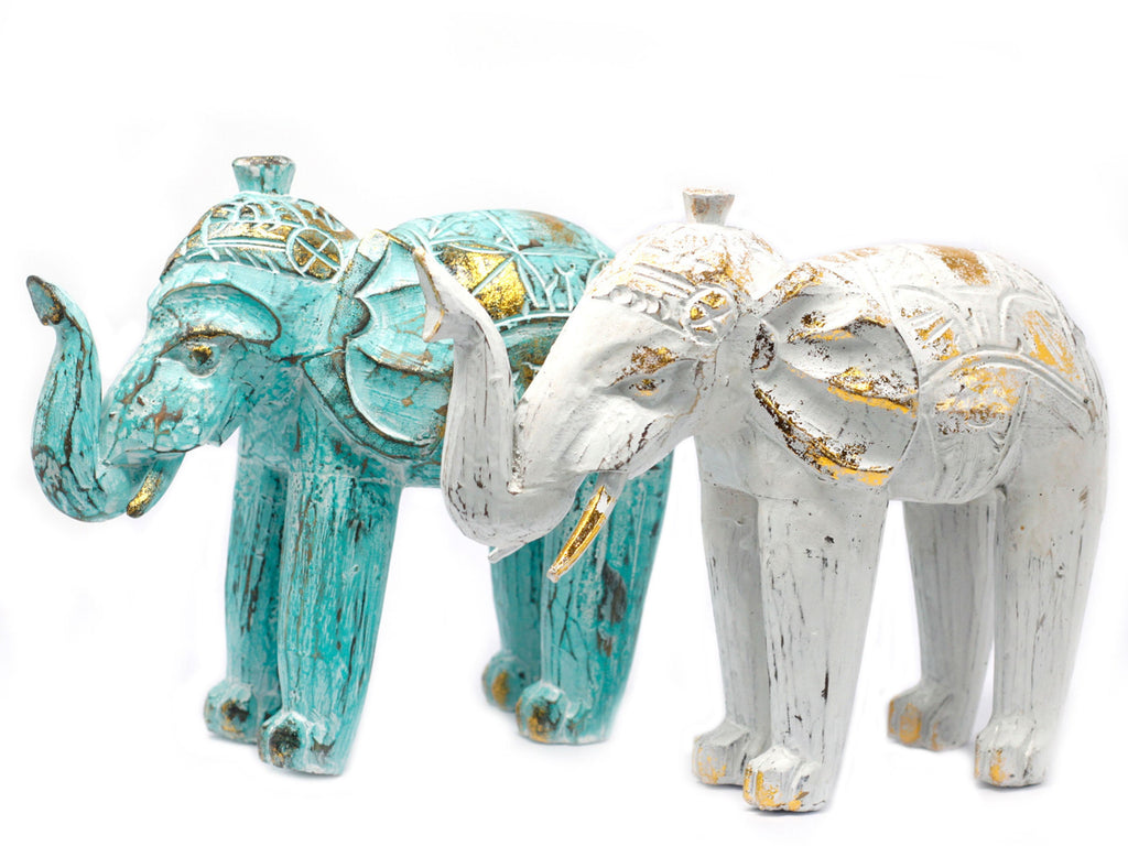 Hand Carved Wooden Elephant Ornament - Wood Elephant Statue - White Elephant Statuette - Blue Elephant Decoration - New Home Gift