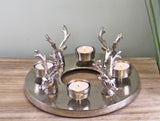 Round Stag Tealight Holder Centrepiece - Silver Stag Candle Holder - Circular Dinner Table Candle Holder