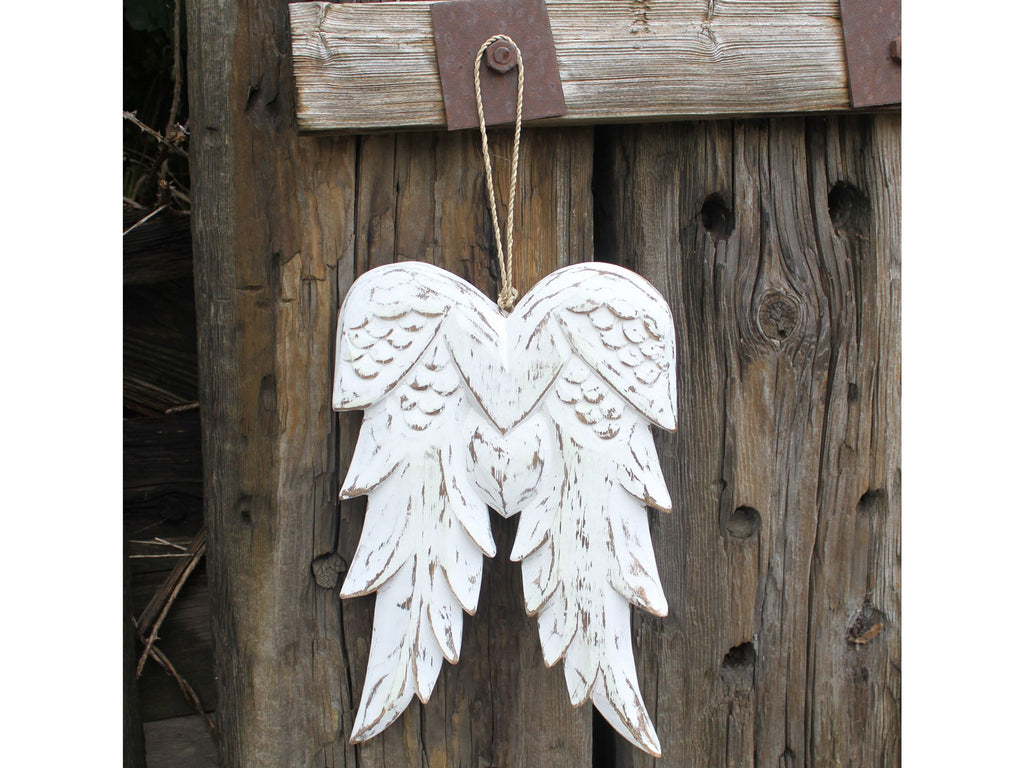 Rustic Wooden Angel Wing Ornaments - Wood Carved Angel Wings - White Feathery Wings - White Washed Ornaments - Angelic Gifts - Shabby Decor