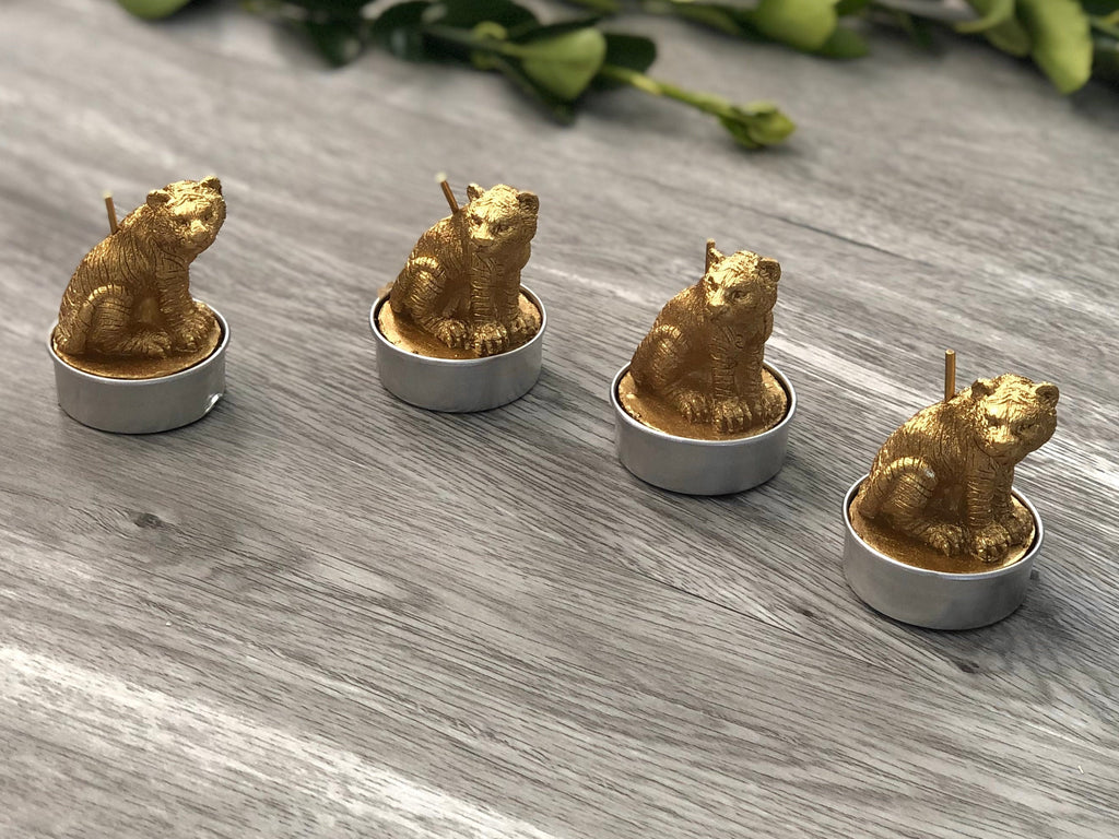 Gold Tealight Set of 4 - Tiger Design Candle Set - Metallic Golden Candles - Animal Candles