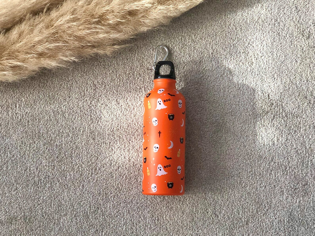 Orange Halloween Water Bottle with Ghosts, Spider Webs, Cauldrons - Reusable Water Bottles