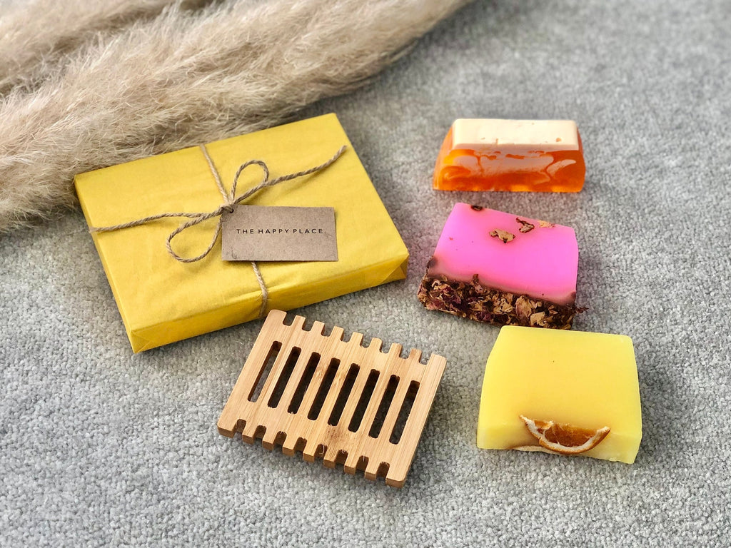 Bar Soap & Wooden Soap Dish Gift Set - Artisan Soap & Soap Tray Set