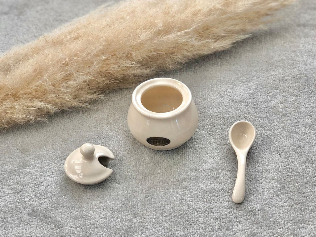 Traditional Sugar Serving Bowl - Ceramic Sugar Bowl with Lid & Ceramic Serving Spoon